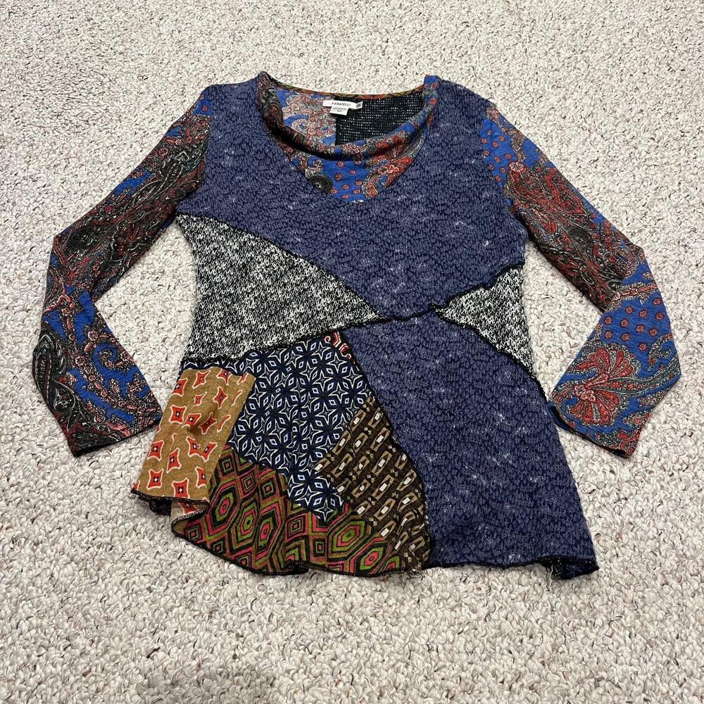 Feratelli Patchwork Long Sleve Top Sz M Boho Artsy Mixed Media Eclectic Chic